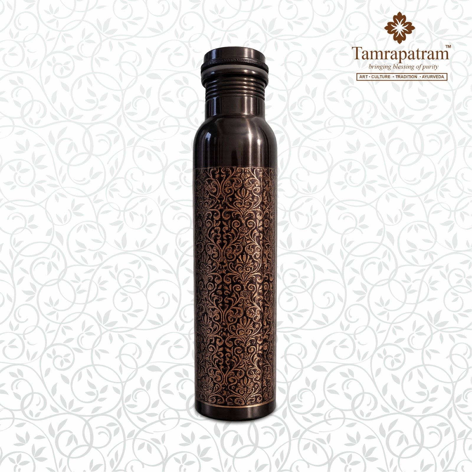 Matte Full Engraved Polished Copper Water Bottle 750ml | Antique Finish Pure Copper Bottle | Leakproof, Durable & Designer Drinkware | Ayurvedic Wellness image 6