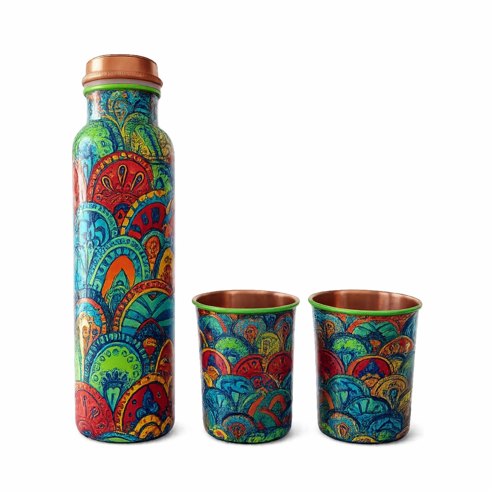 Printed Antique Copper Water Bottle 950ml with 2 Copper Glasses 300ml Each | Pure Copper Drinkware Set | image 4