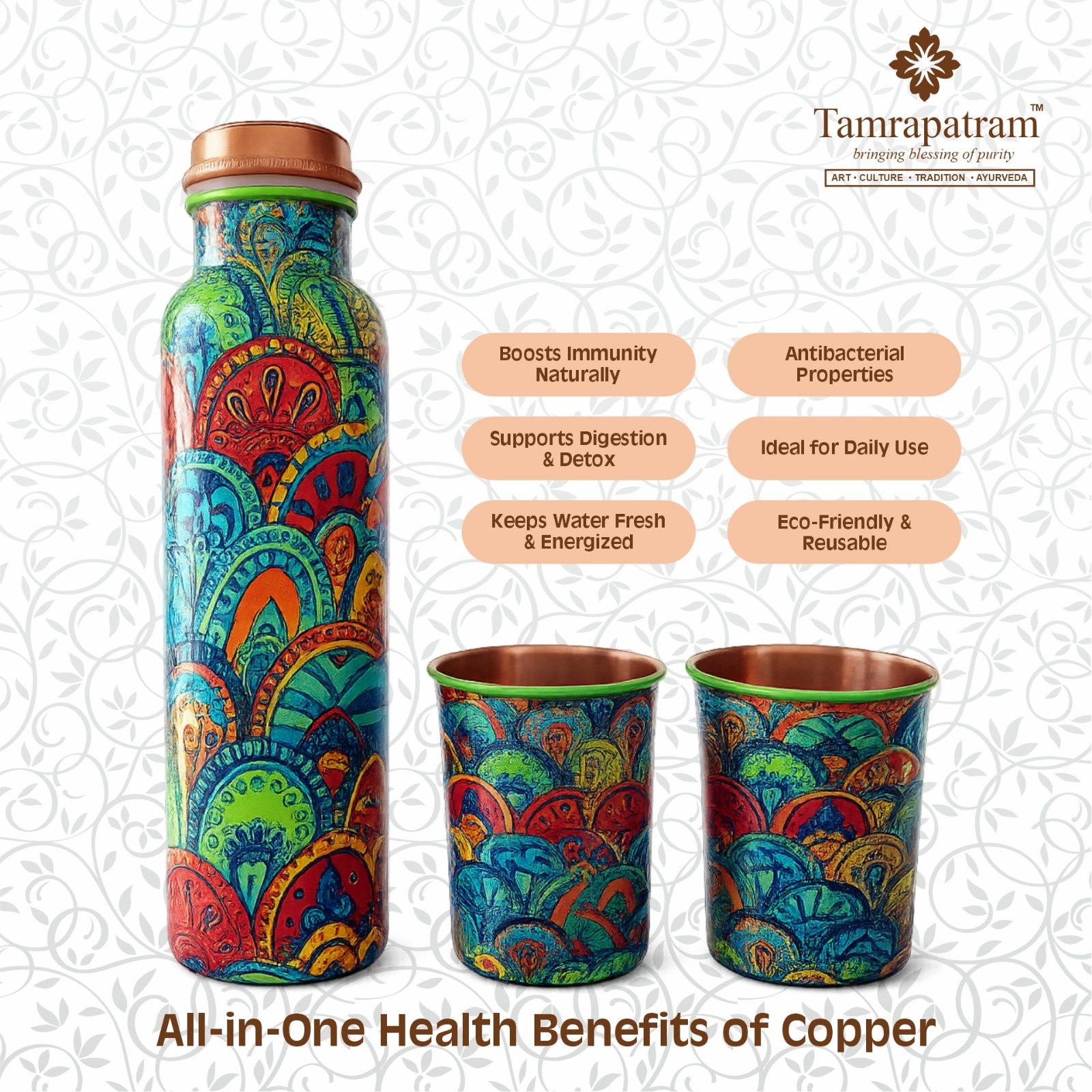Printed Antique Copper Water Bottle 950ml with 2 Copper Glasses 300ml Each | Pure Copper Drinkware Set | image 3
