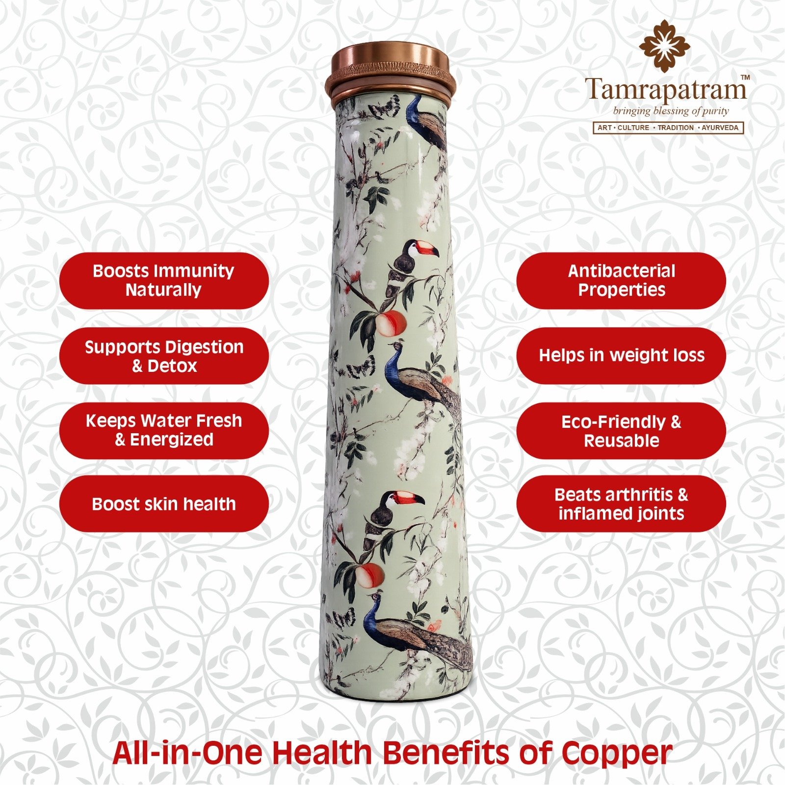 White Meena Printed Antique Tower Copper Water Bottle | Pure Copper Designer Bottle | Leakproof, Durable & Elegant | Ayurvedic Wellness Drinkware image 4