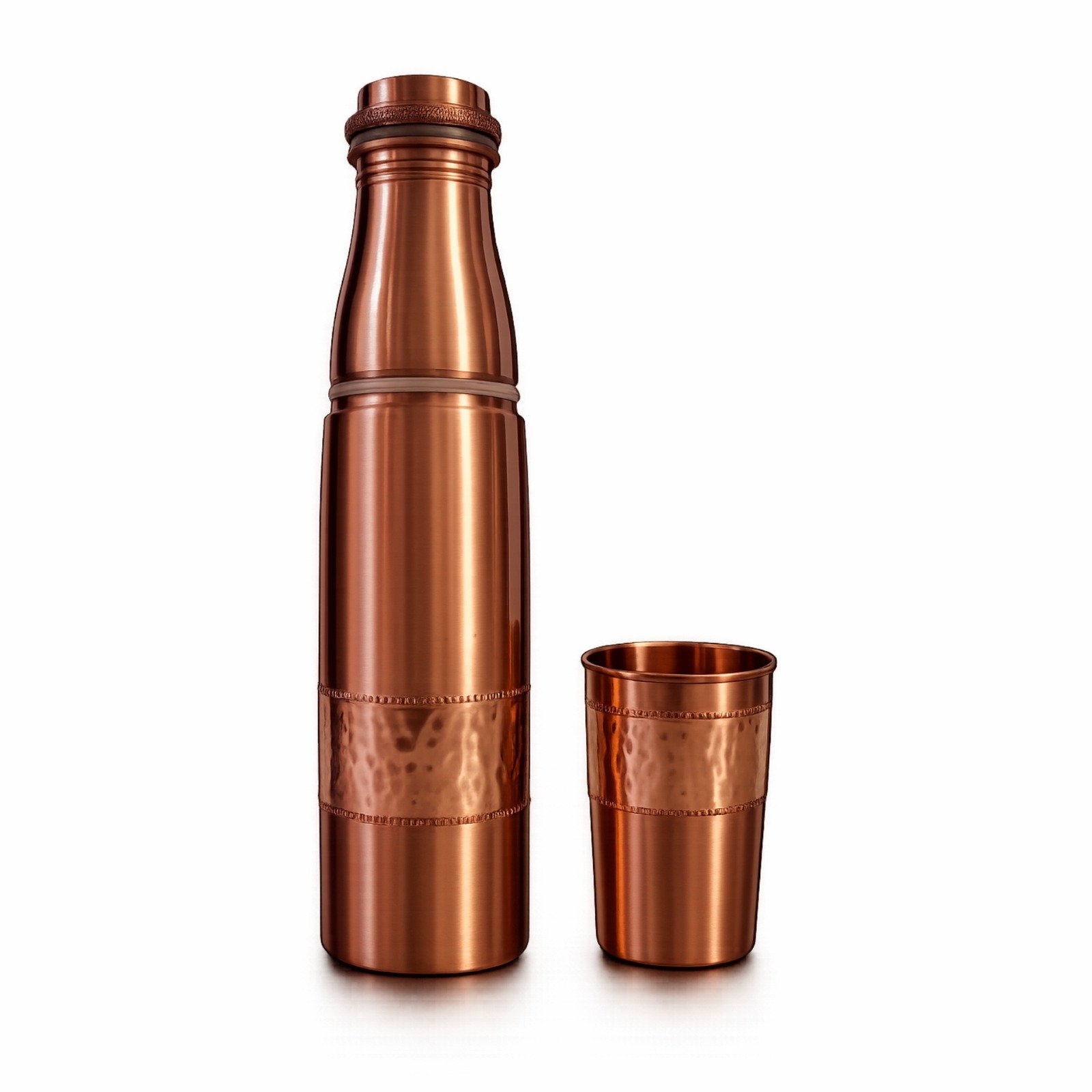 Half Hammered Design Copper Water Bottle 950ml with 1 Copper Glass 200ml image 6