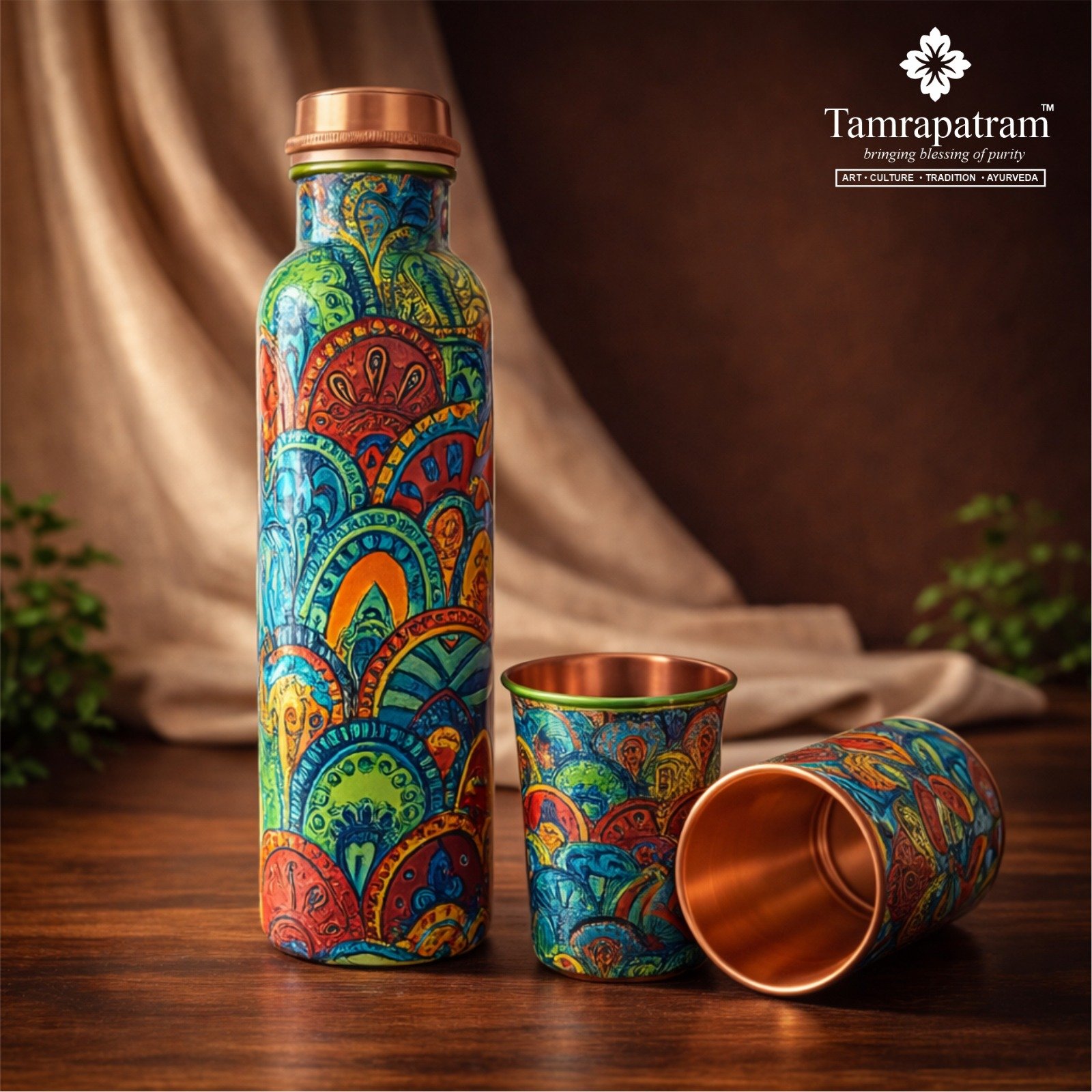 Printed Antique Copper Water Bottle 950ml with 2 Copper Glasses 300ml Each | Pure Copper Drinkware Set | image 2