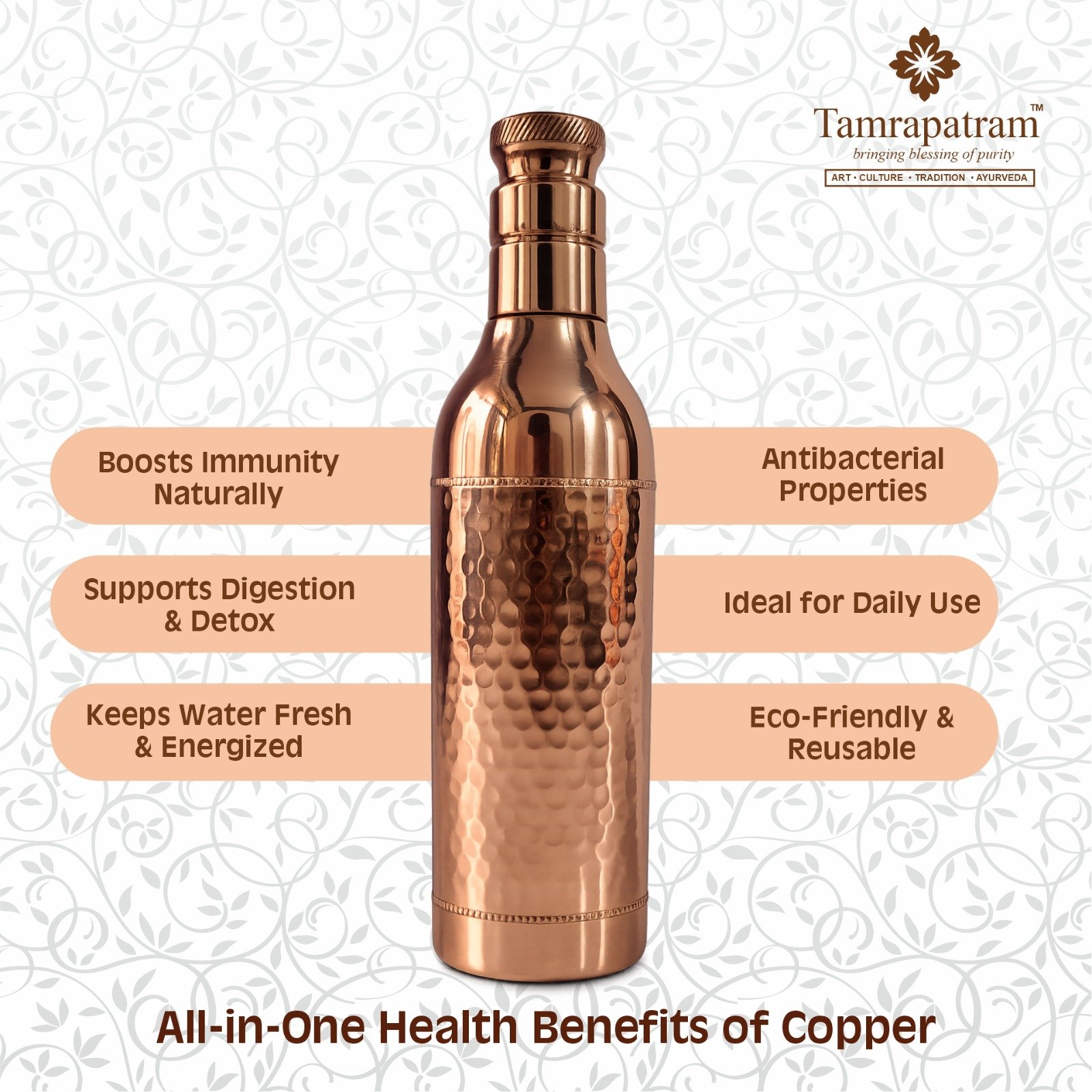 Champagne Design Copper Water Bottle 1 Litre | Pure Copper Bottle for Drinking Water | Ayurvedic Health Benefits | Leakproof & Durable image 4