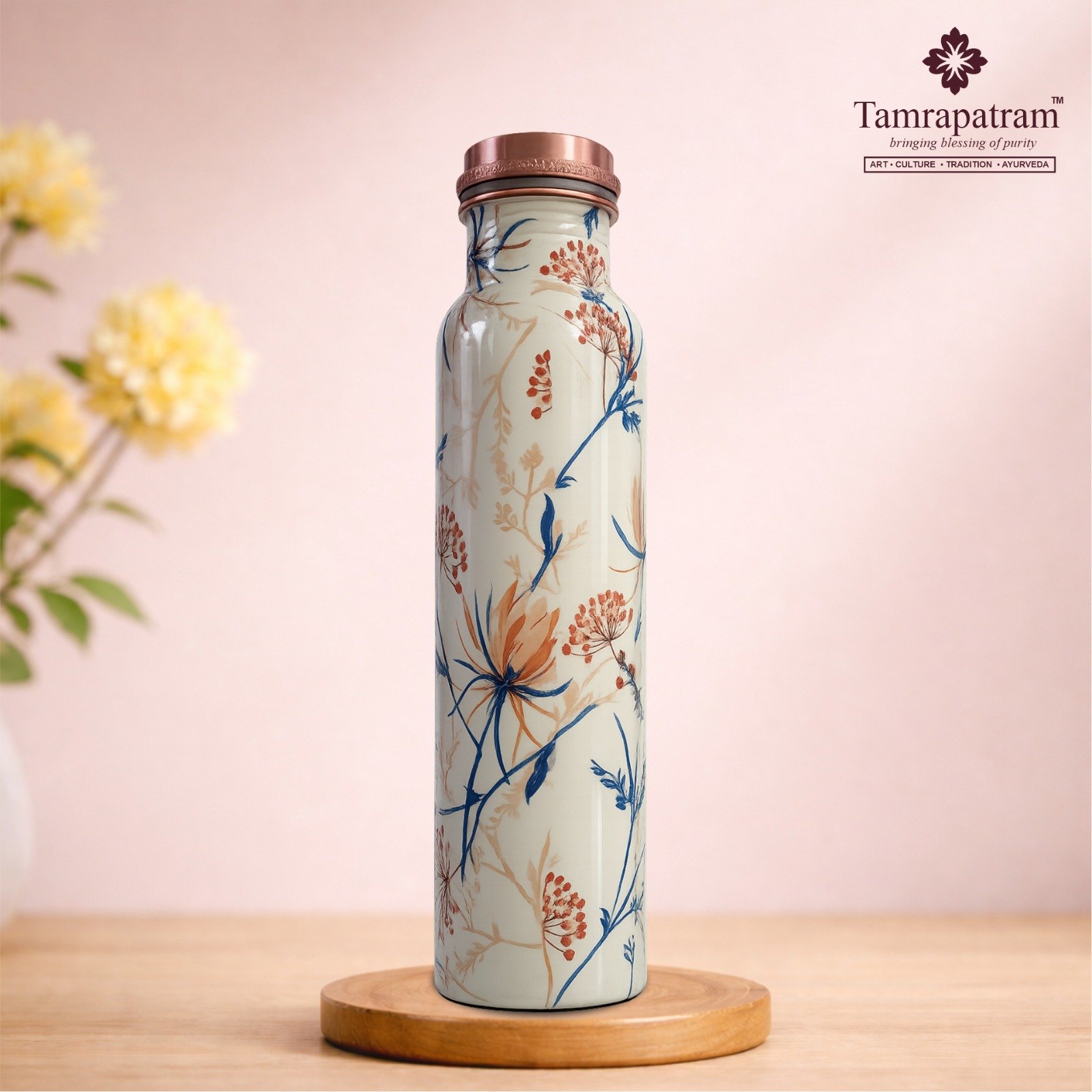 White Meena Printed Antique Copper Water Bottle | Pure Copper Designer Bottle | Leakproof, Durable & Elegant Drinkware | Ayurvedic Wellness