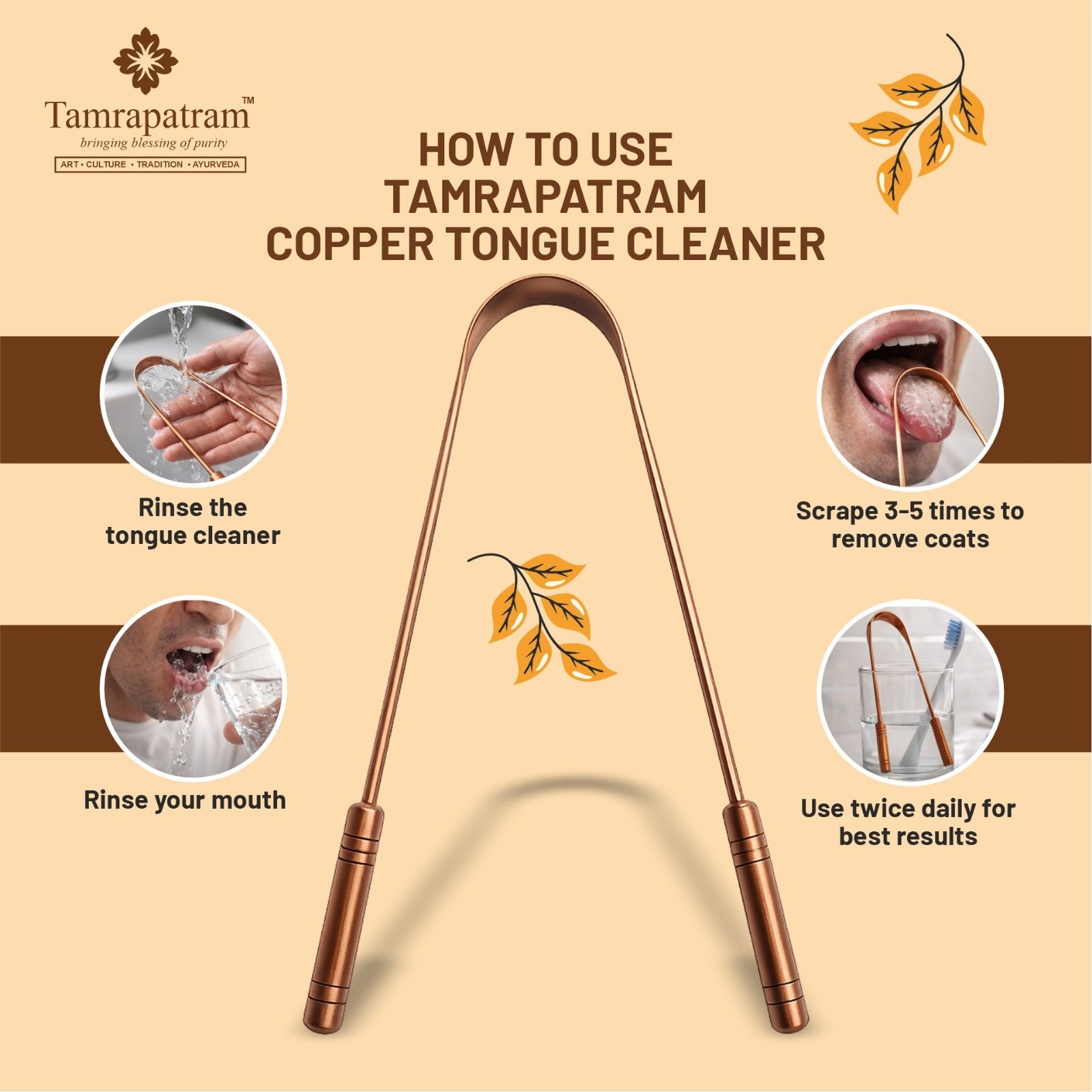 Tamrapatram Premium Copper Toungue Cleaner - U shape Two Handle image 3