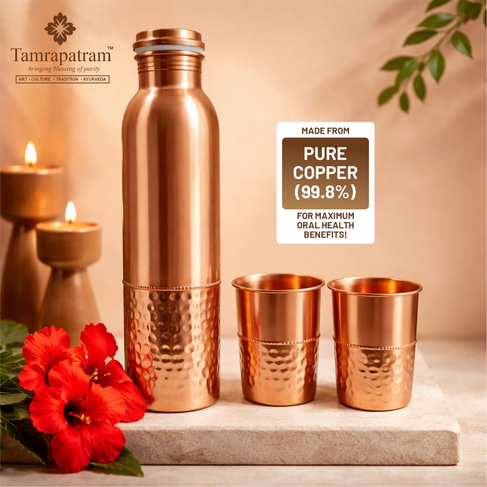 Half Hammered Copper Water Bottle 950ml with 2 Copper Glasses 300ml Each