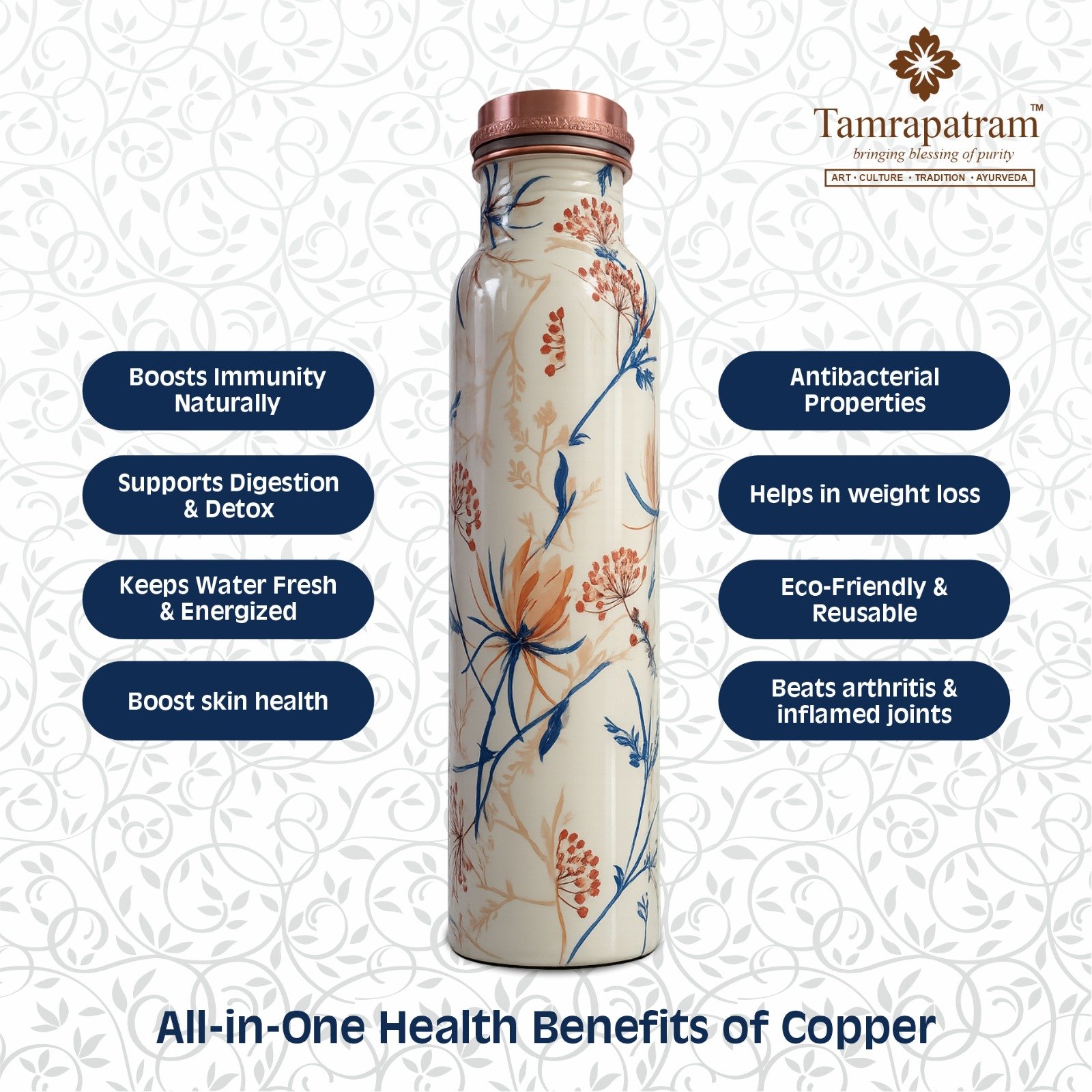 White Meena Printed Antique Copper Water Bottle | Pure Copper Designer Bottle | Leakproof, Durable & Elegant Drinkware | Ayurvedic Wellness image 4