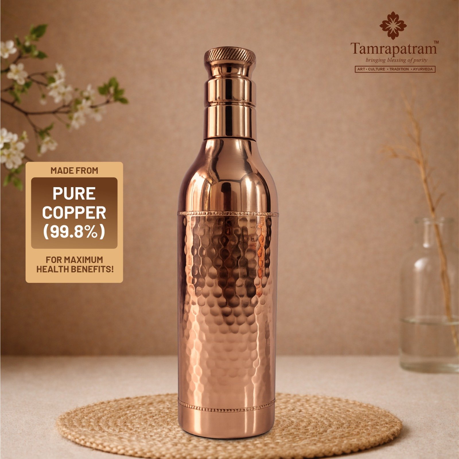Champagne Design Copper Water Bottle 1 Litre | Pure Copper Bottle for Drinking Water | Ayurvedic Health Benefits | Leakproof & Durable image 3