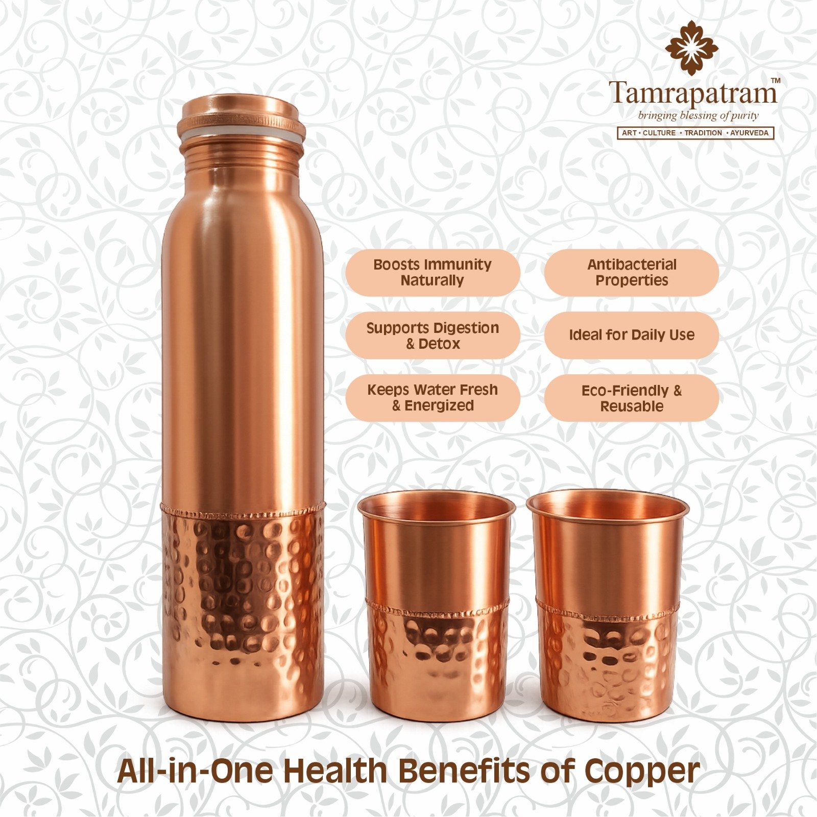 Half Hammered Copper Water Bottle 950ml with 2 Copper Glasses 300ml Each image 5