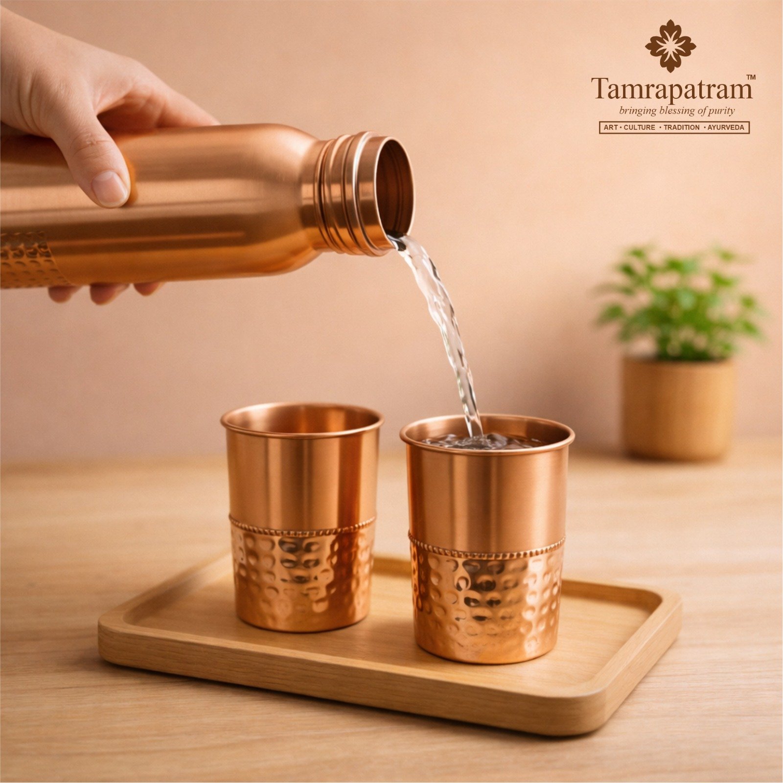 Half Hammered Copper Water Bottle 950ml with 2 Copper Glasses 300ml Each image 2