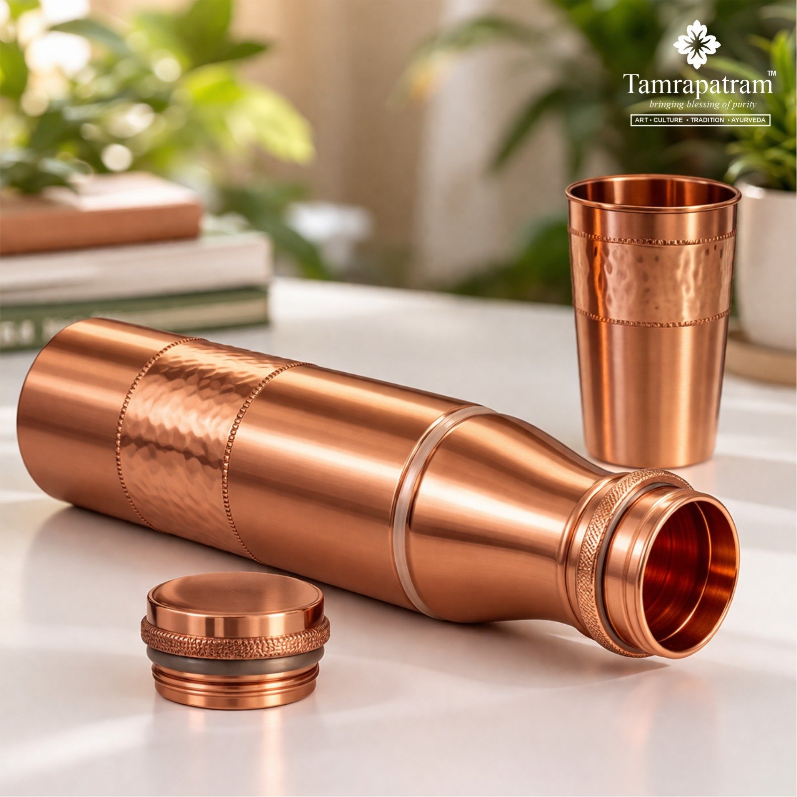 Half Hammered Design Copper Water Bottle 950ml with 1 Copper Glass 200ml image 2