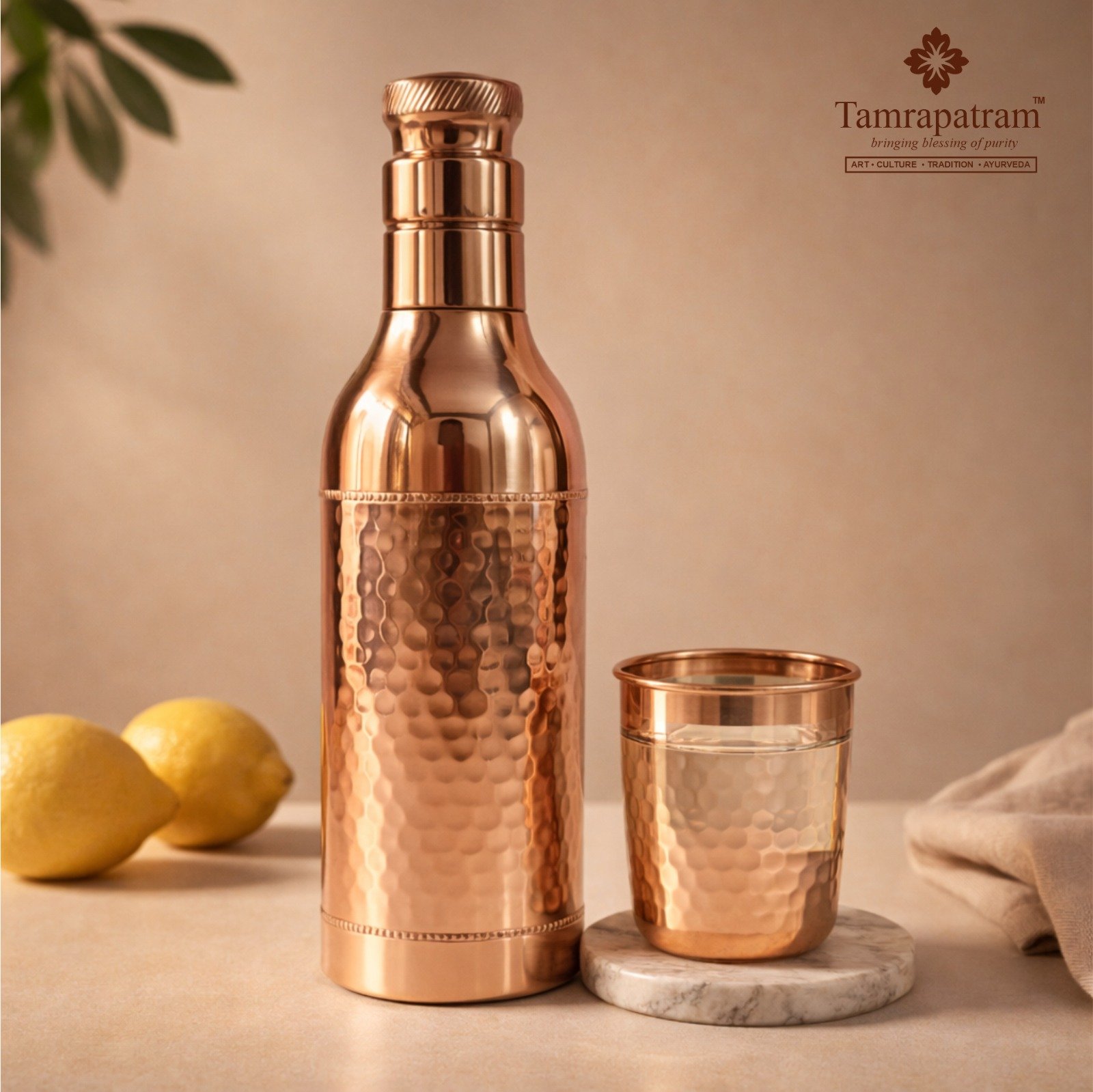 Champagne Design Copper Water Bottle 1 Litre | Pure Copper Bottle for Drinking Water | Ayurvedic Health Benefits | Leakproof & Durable