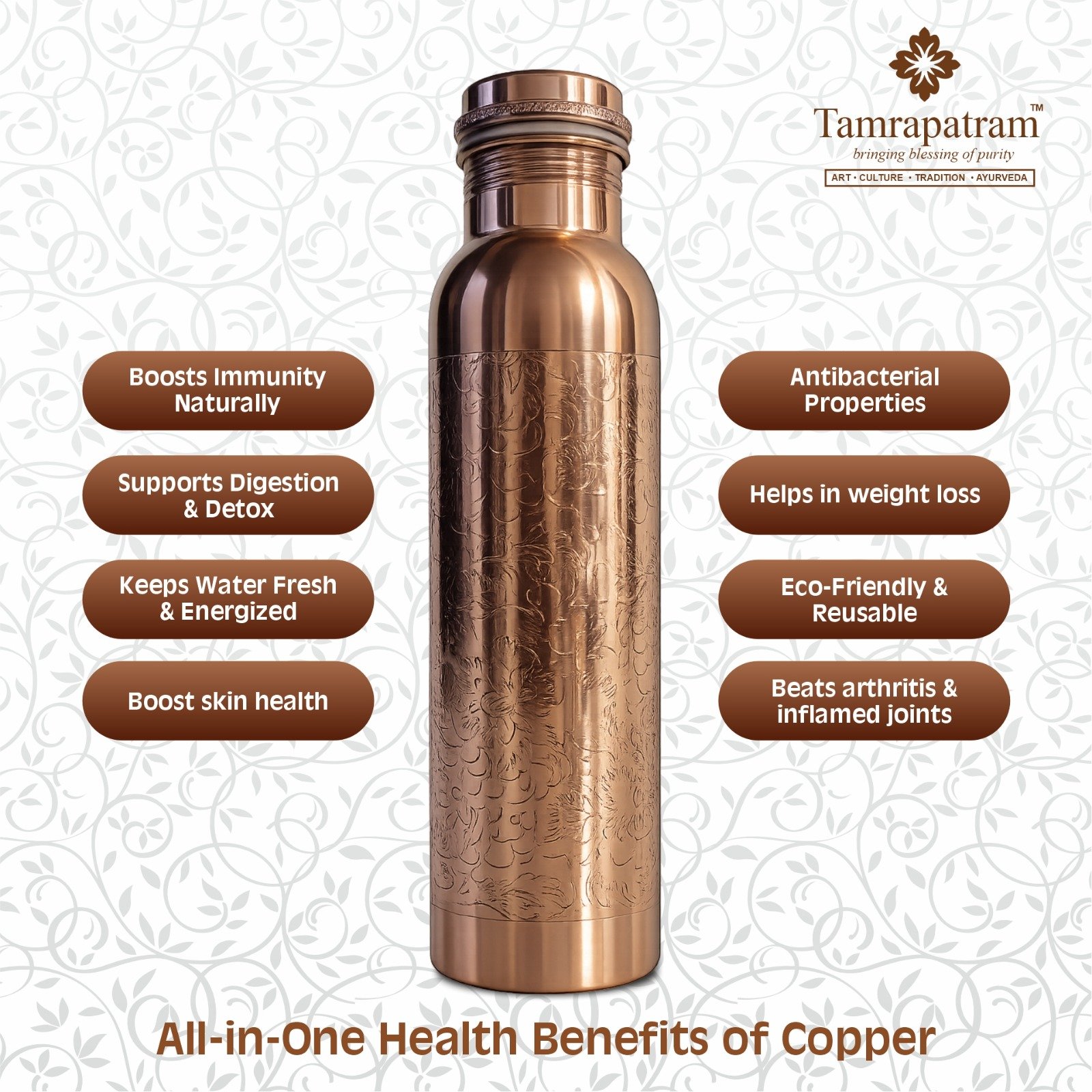 Full Engraved Polished Copper Water Bottle 750ml image 5