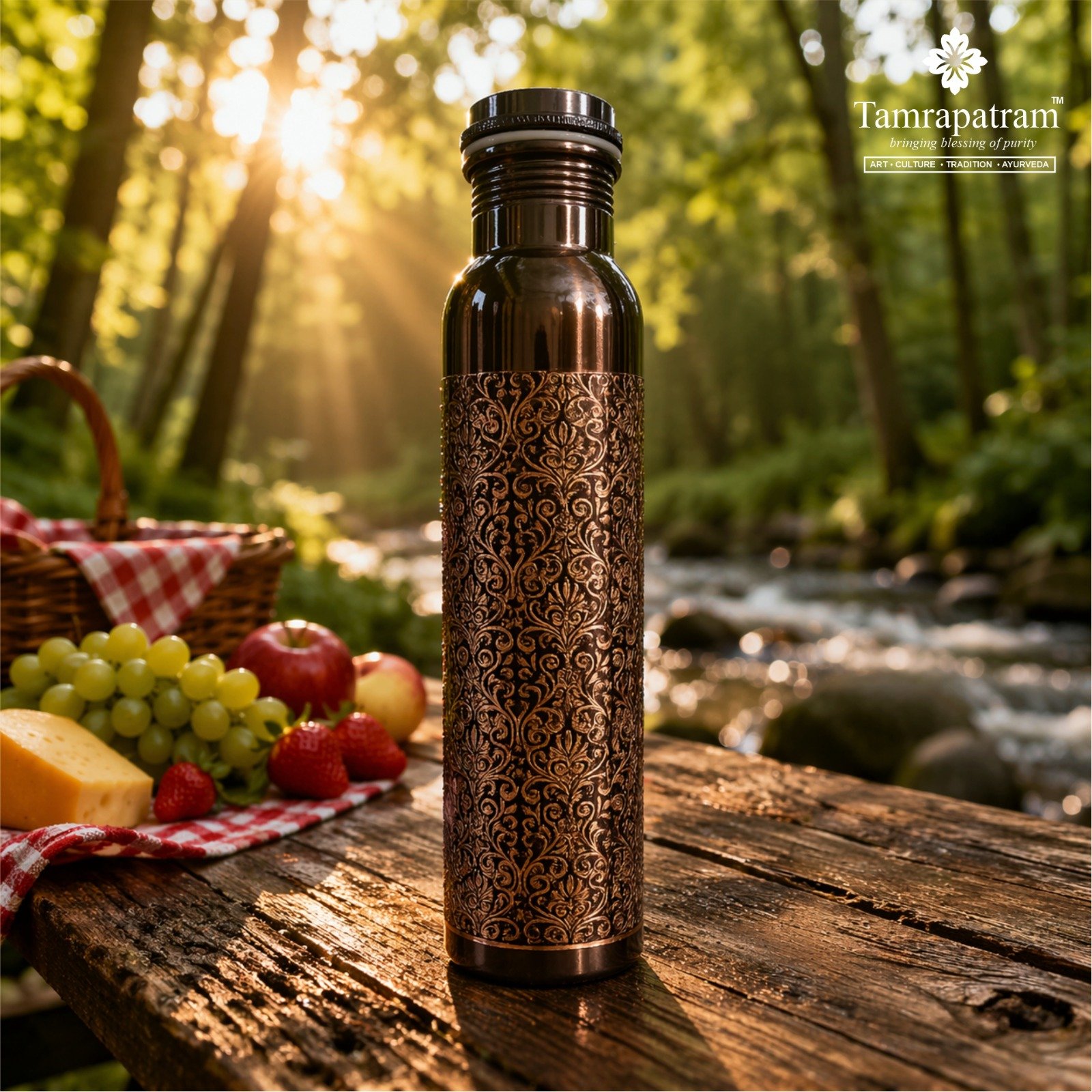 Matte Full Engraved Polished Copper Water Bottle 750ml | Antique Finish Pure Copper Bottle | Leakproof, Durable & Designer Drinkware | Ayurvedic Wellness image 2