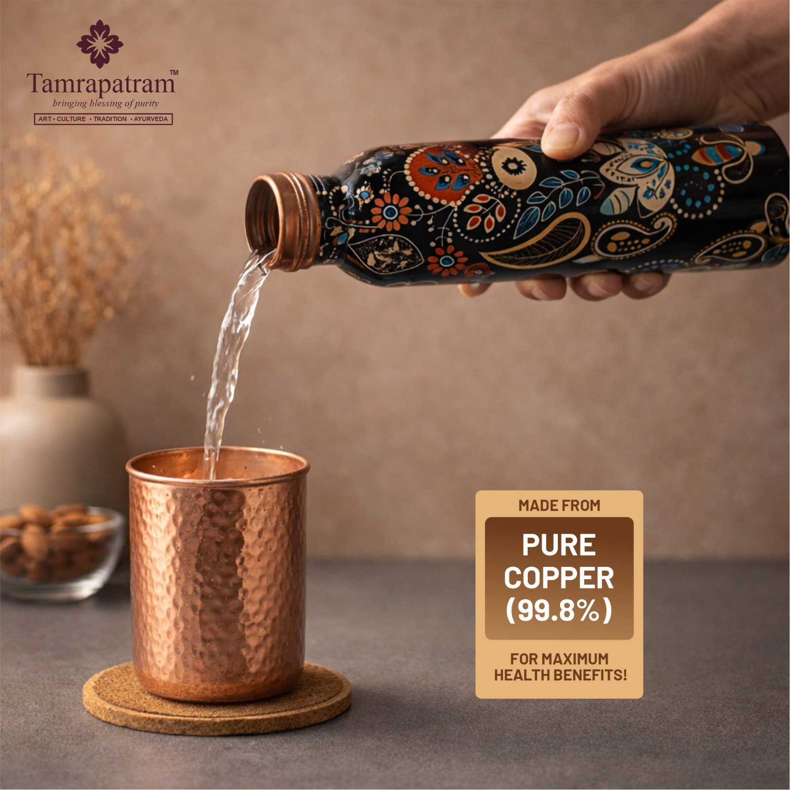 Black Meena Printed Copper Water Bottle 750ml image 2