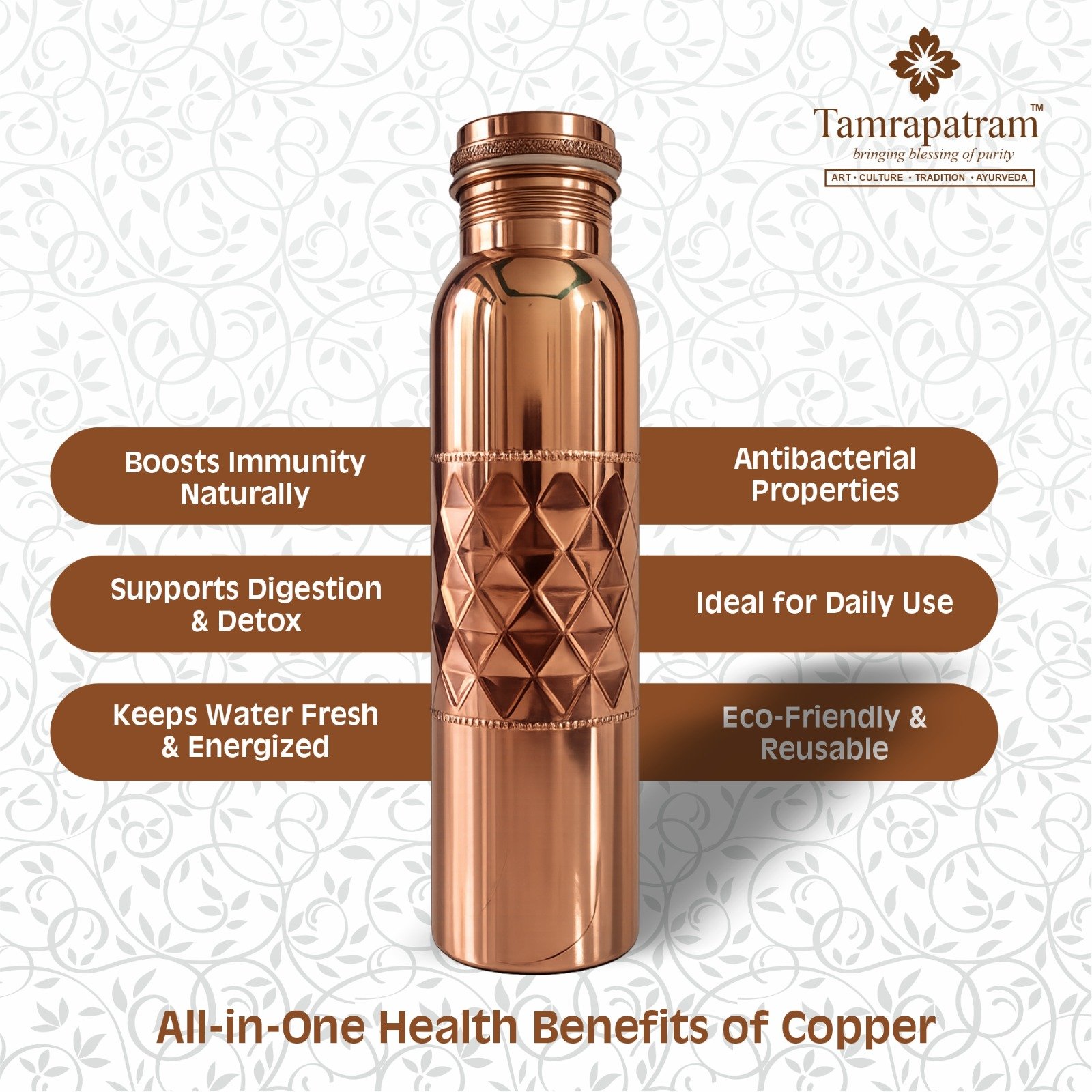 HALF DIAMOND Hammered Copper Bottle - 950ML image 4