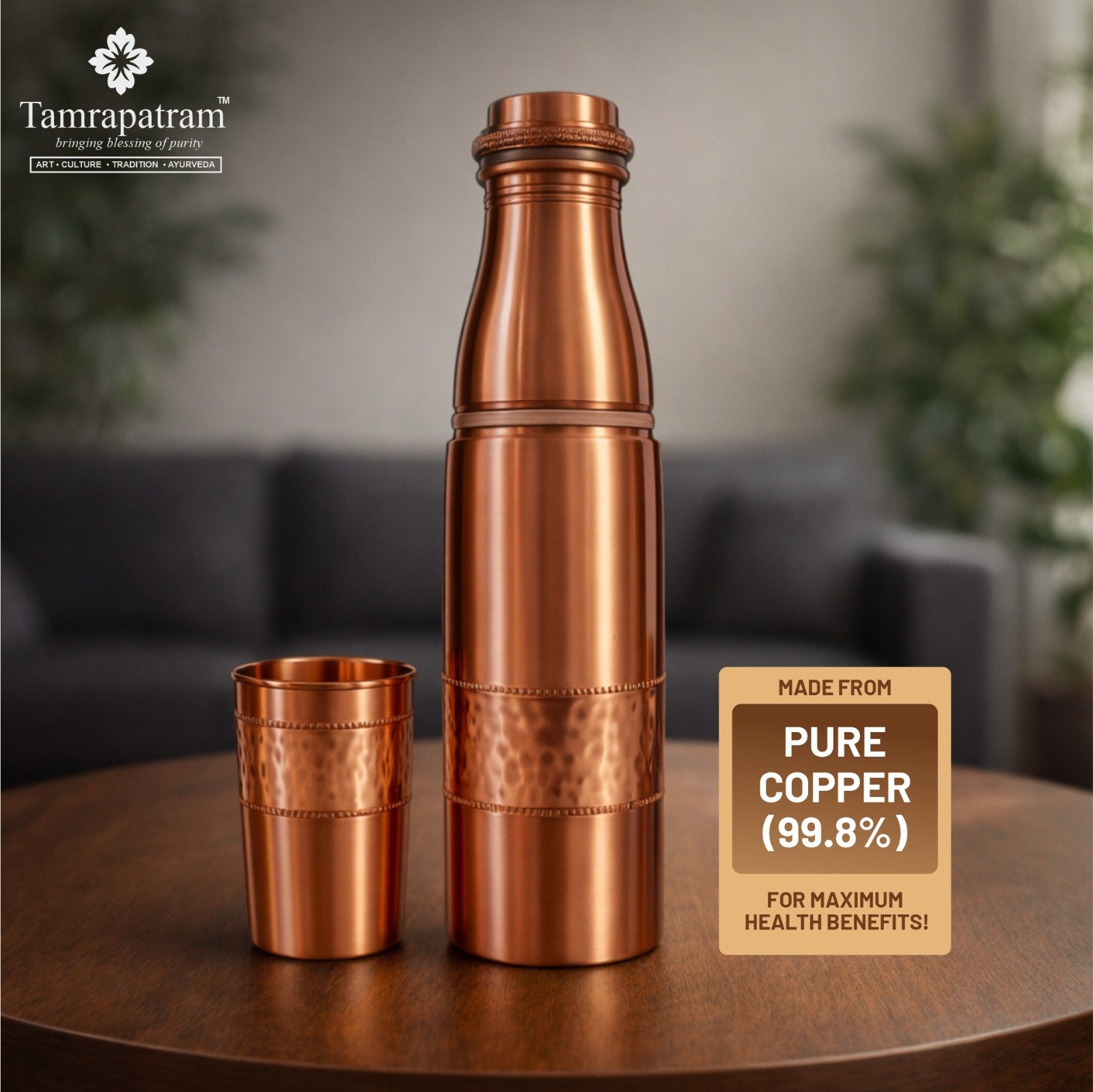 Half Hammered Design Copper Water Bottle 950ml with 1 Copper Glass 200ml image 3