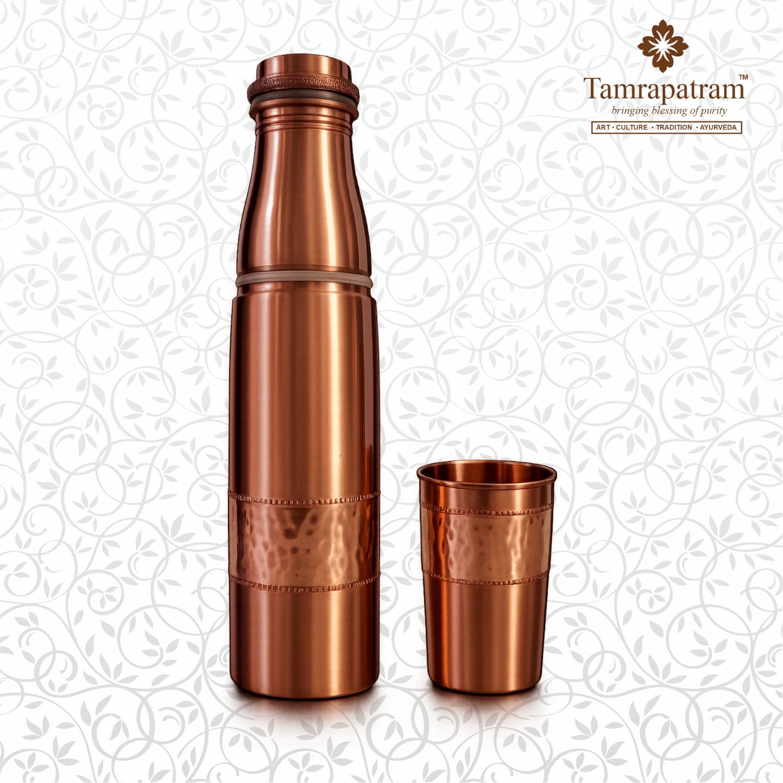 Half Hammered Design Copper Water Bottle 950ml with 1 Copper Glass 200ml image 5