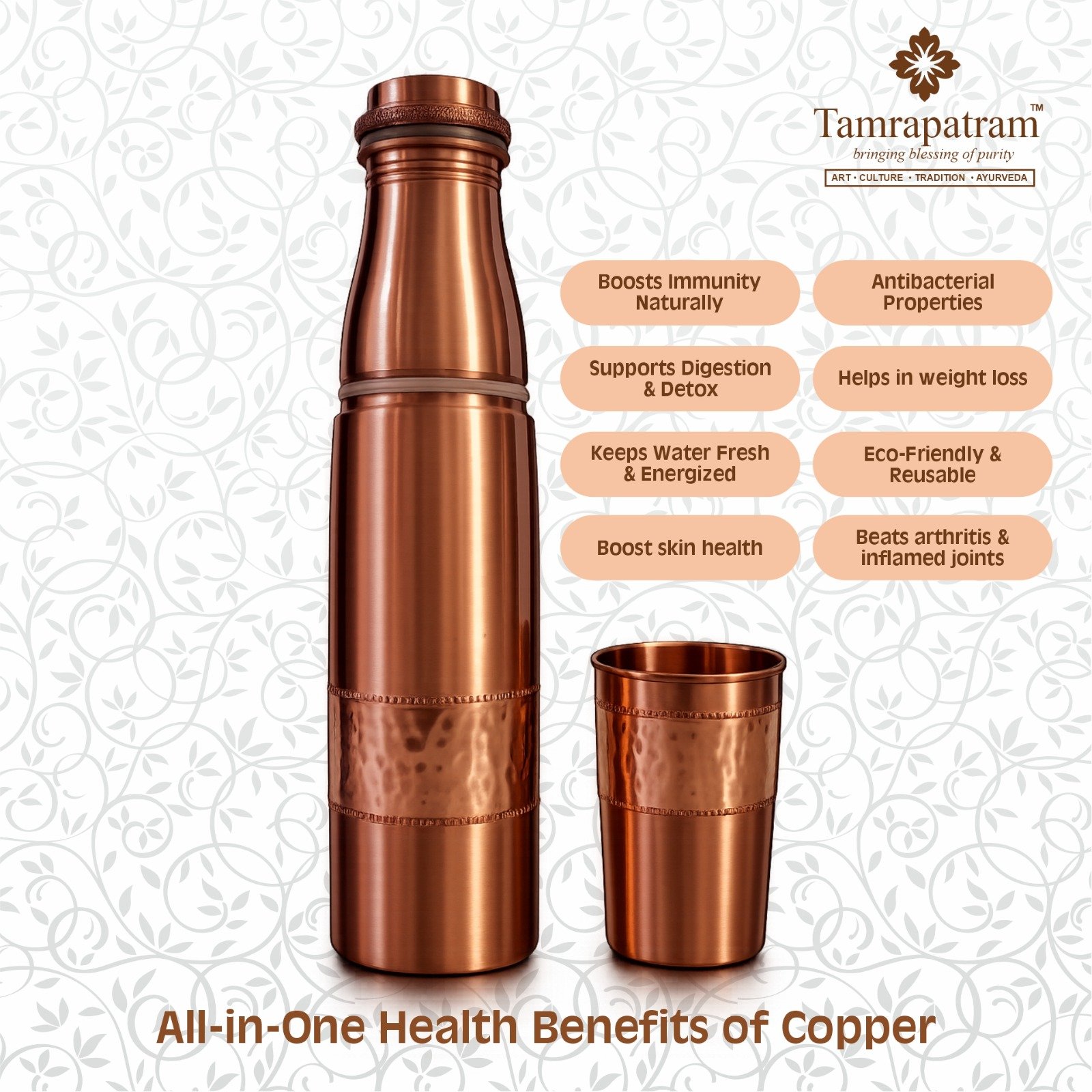Half Hammered Design Copper Water Bottle 950ml with 1 Copper Glass 200ml image 4